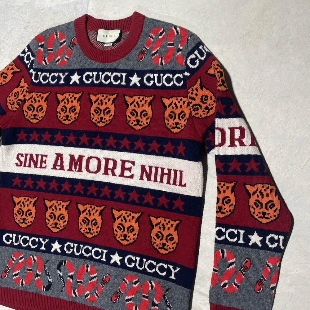 100% AUTHENTIC Gucci Sine Amore Nihil Wool Sweater Men SZ M AOP Red Snakes Tiger